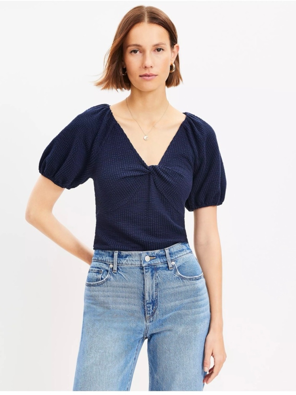 LOFT Navy Textured Puff-Sleeve V-Neck Crop Top